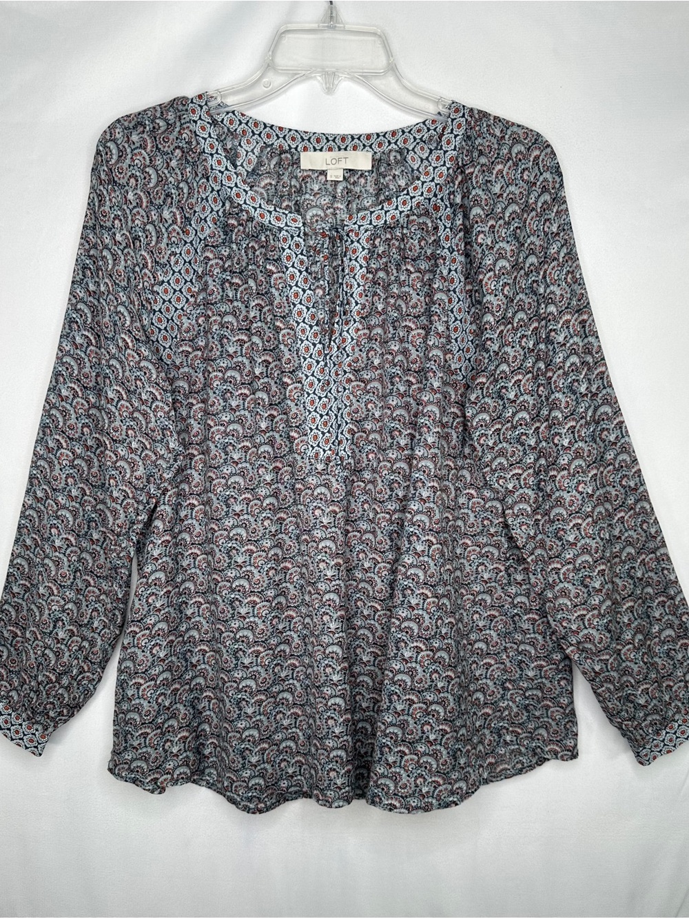 LOFT Split Neck Paisley Tie-Front Peasant Blouse Lightweight Sz S